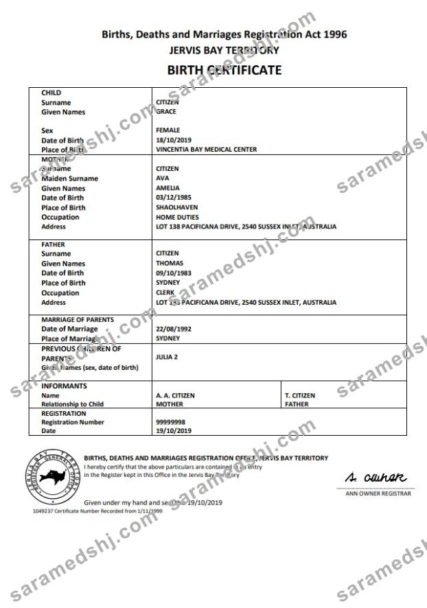 Australia Jervis Bay territory birth certificate template in Word and PDF format
